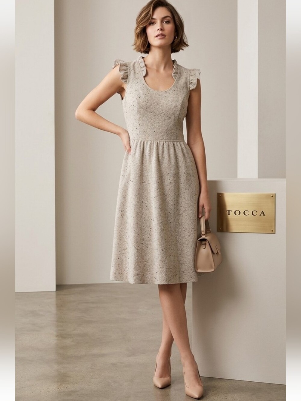 Tocca taupe tweed wool blend ruffle dress 2